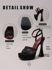 Fashionable Lace Embroidered Black High Heel Sandals, Open Toe Square Heel Wedge Slippers, High Platform Heels For Women, Sexy Party Shoes - Black - View 3