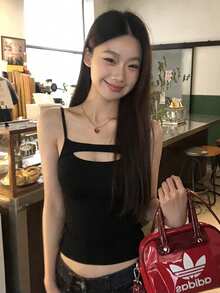 Women's Black Spaghetti Strap Hollow-Out Backless Crop Top, High Stretch Tight Fit Clubwear - Black - View 5