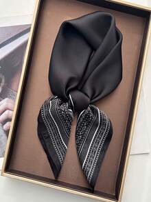 1pc Bandana Women's Solid Color Printed Square Scarf Silk Scarf Headscarf Wrap Decoration Silk Scarf Suitable For Daily Use - Black - View 1