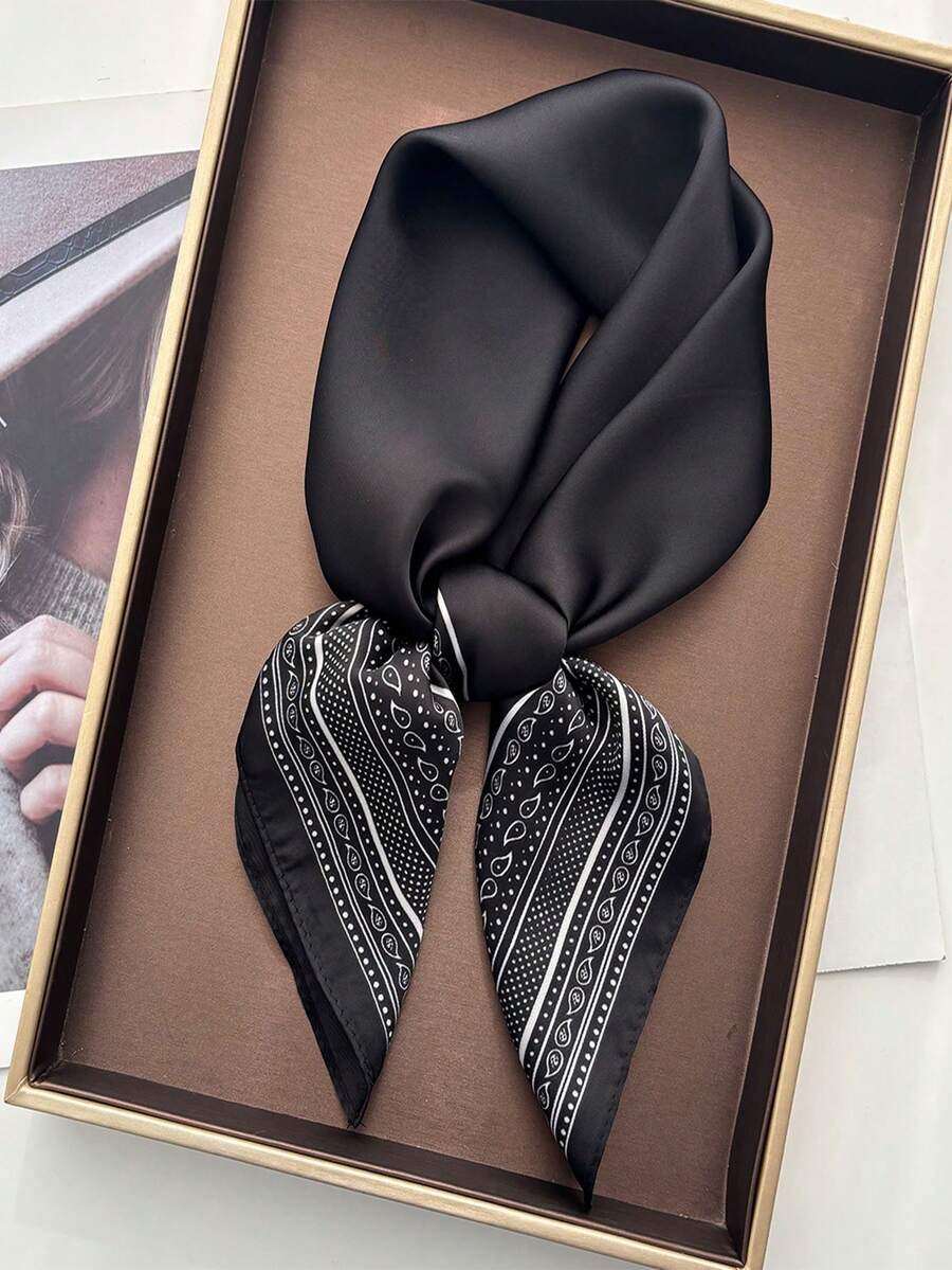 1pc Bandana Women's Solid Color Printed Square Scarf Silk Scarf Headscarf Wrap Decoration Silk Scarf Suitable For Daily Use - Black - View 1