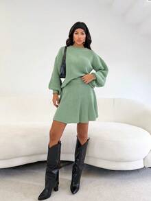 Women's Knit Set: Short Flared Skirt And Puff Sleeve Blouse - Fashionable For International Bloggers - Autumn/Winter - 薄荷綠 - 查看 3