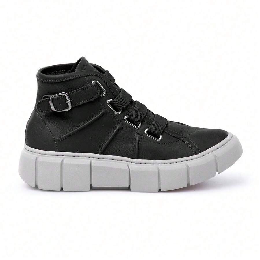 Women's Tractor Boot Made Of Genuine Leather With Adjustable Side Detail And Elastic - 黑色 - 查看 1