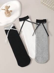 3双装女童蝴蝶结过膝袜，公主风纯棉袜，适合春夏穿着 - 彩色 - 查看 2