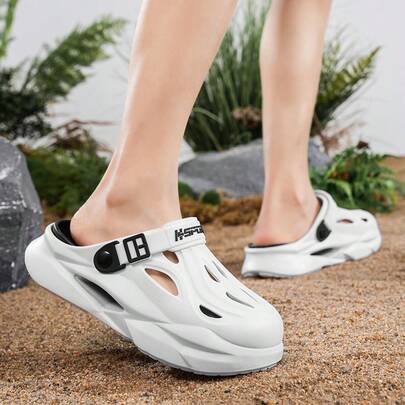 Spring/Summer New Men's Breathable Hollow Slippers, Comfortable Soft EVA Soles, Beach/Outdoor Vacation Style, Thick Soles For Indoor/Home/Bathroom, Elevator Sandals, Unisex White Suitable For Work, University, Casual Wear