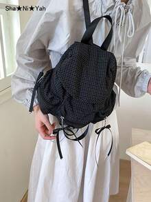 2026 New Korean & Japanese Style Large Capacity Bow Plaid Casual Backpack, Fashion College Student Commuter Bag - Navy Blue - View 3