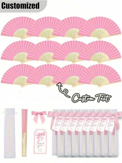 4/8/16pcs Set Customized Elegant Pink Folding Fans, With Thank You Card And Gift Bag. Made Of Bamboo, This Bridal Fan Is Perfect For Bridesmaids And Wedding Decor, Also Suitable For Parties And Events. An Excellent Summer Accessory.