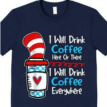 2026 SUMMER TopWhimsical 'I Will Drink Coffee Everywhere' Graphic Tee   Cat In The Hat Inspired Coffee Cup Design   Soft Black Short Sleeve Cotton T Shirt For Men & Women   S XXXLLoose And Comfortableshirt - 藏青色 - 查看 3