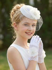 Bộ 2 món: Khăn voan lưới trắng cài đầu đính nơ đá + Găng tay nơ cho bé gái và thiếu niên, Mũ mini lưới trắng, Phụ kiện chụp ảnh cưới, Trang trí cưới, Phụ kiện chụp ảnh tiệc, Phụ kiện cưới, Vòng hoa, Hoa cài cổ tay, Bộ đồ cho cha mẹ và con cái - trắng - Xem 4