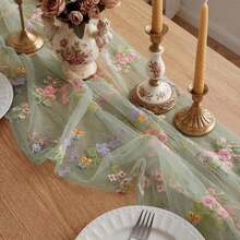 Sage Green Floral Table Runner Embroidery Tulle Spring Wildflower Table Runner Seasonal Summer Butterfly Kitchen Dining Gauze Decoration For Wedding Baby Shower Birthday Party (1 Pc) - Multicolor - View 6