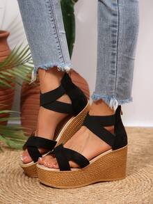 Women's Criss-Cross Platform Wedge Sandals With Zipper Closure Thick Woven High Heels - Green - View 3