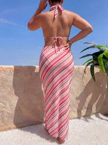 Set bikini cu legături la spate, mărime plus, cu fustă boemă semi-transparentă cu dungi, costum de baie sexy elastic, roz, pentru vacanță, plajă, vară - Roz - Vizualizare 10