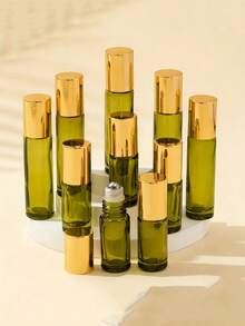 3pcs/Set 5ml & 10ml Leak-Proof UV Protection Olive Green Glass Essential Oil Roller Bottles, Refillable Elegant Cylindrical Smooth Roller Ball Aromatherapy Perfume Roller Bottles, Portable Travel Friendly Home SPA Daily Carry Gift Set - Multicolor - View 3