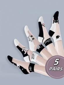 5 Pairs Women's Glass Silk Short Socks, Lightweight Crystal Silk Casual Socks For Summer, Breathable Black & White Cat Pattern Low-Cut Socks, Transparent Odor-Resistant Thin Mesh Ankle Socks For Girls - Multicolor - View 1