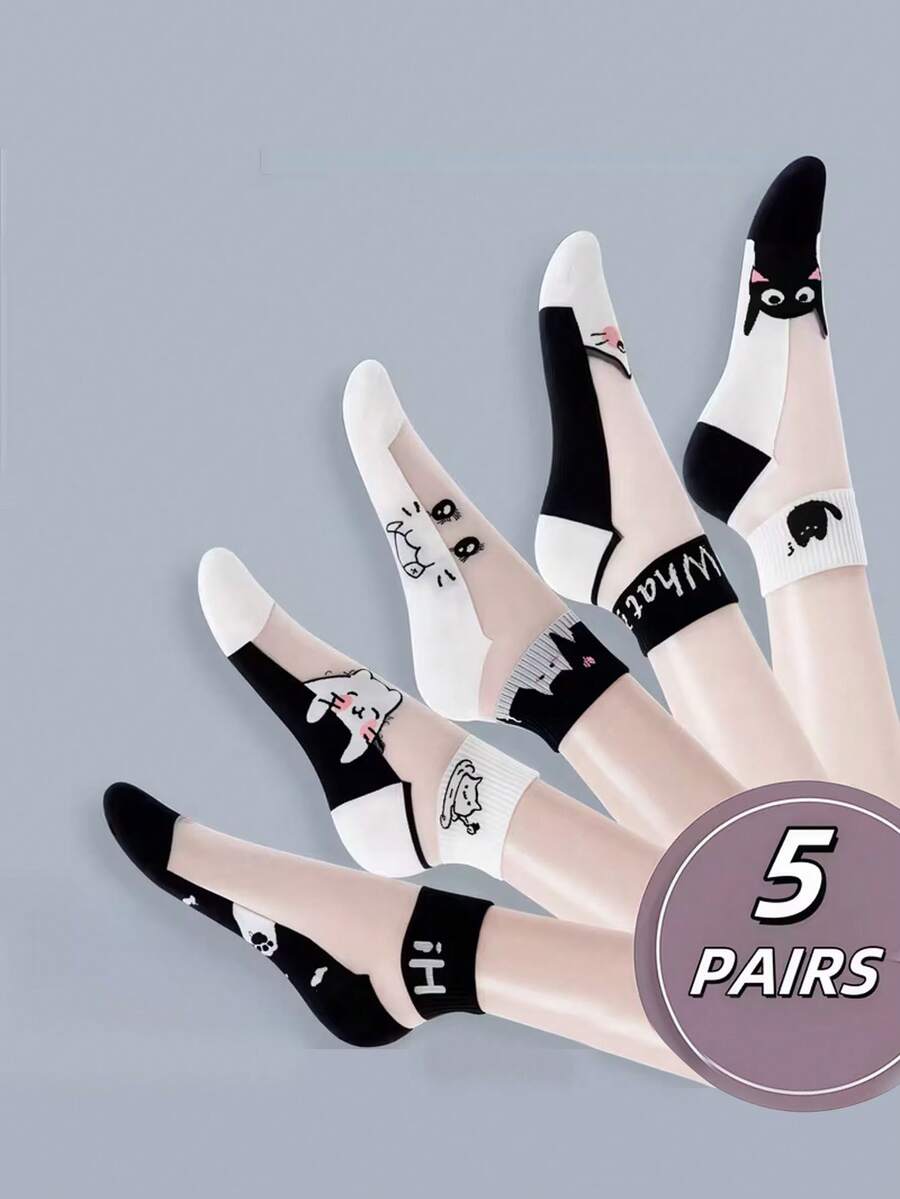 5 Pairs Women's Glass Silk Short Socks, Lightweight Crystal Silk Casual Socks For Summer, Breathable Black & White Cat Pattern Low-Cut Socks, Transparent Odor-Resistant Thin Mesh Ankle Socks For Girls - Multicolor - View 1