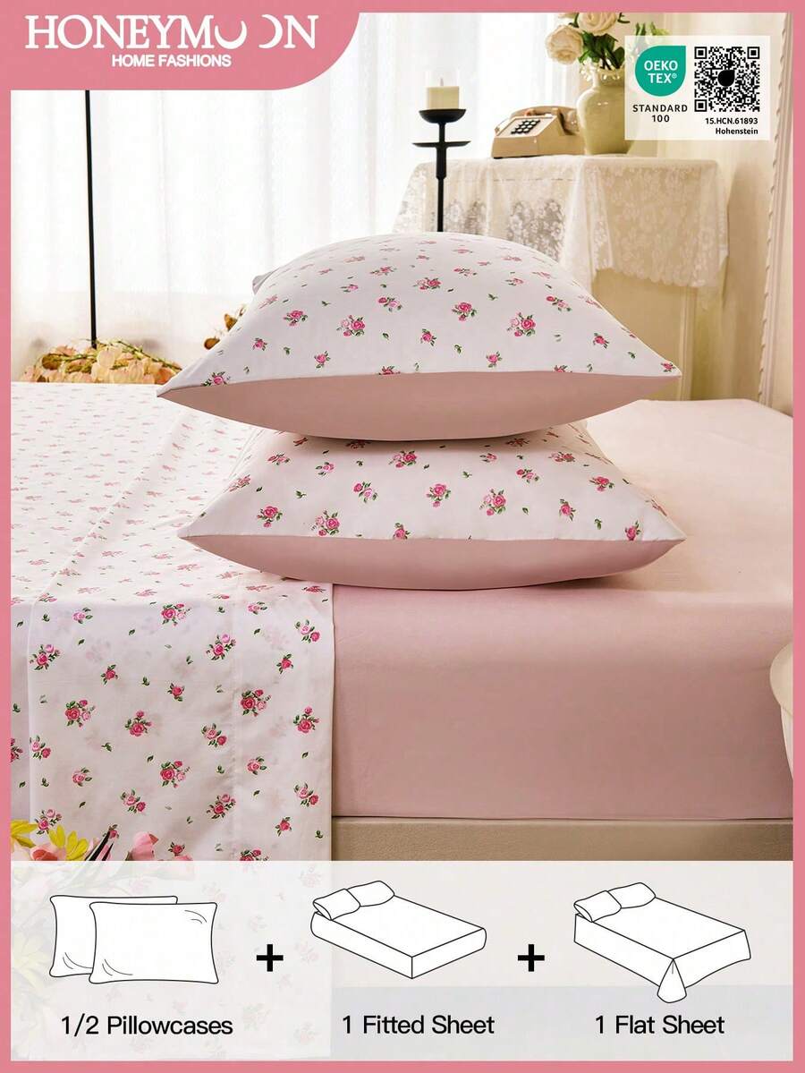 3件套/4件套蜜月花卉印花床单套装（1个床笠+1个床单+1/2个枕套），100%涤纶面料，适合9-12英寸深的床笠，柔软透气，不易缩水，适用于单人床/双人床/大号床/特大号床，通过Oeko-Tex认证，送给妈妈的绝佳礼物