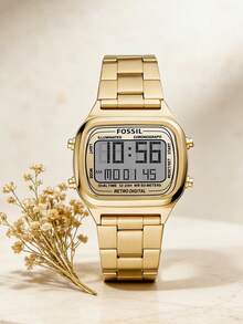 Đồng hồ thạch anh đa chức năng FOSSIL dành cho nam. Đồng hồ bấm giờ hình vuông có chức năng báo thức và hiển thị ngày dành cho nam. Dây đeo bằng thép không gỉ. Màn hình LCD. - Vàng - Xem 2