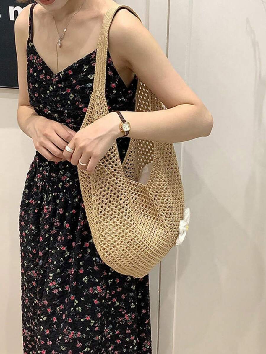 Hollow Woven Tote Bag, Bohemian Style Beach Handbag, Hollow Tote Bag, Large Capacity Casual Beach Bag, Shopping & Leisure Beach Bag, Large Capacity Crochet Tote Bag, Fashion Handbag, Outdoor Travel Bag, Perfect Match With Crochet Set, Essential For Vacation, Ideal For Beach Accessories