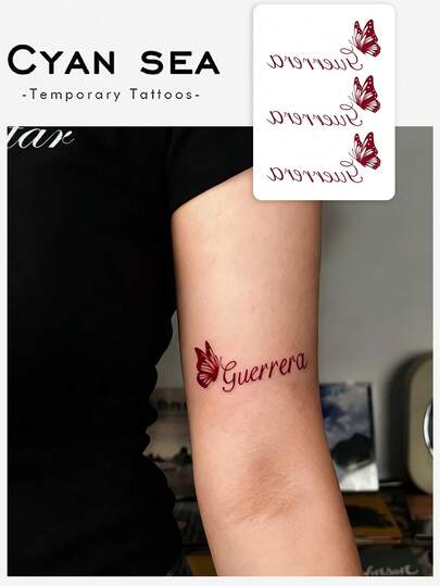 1 Tattoo Sticker With Red Line Butterfly Pattern Guerrera Temporary Tattoo, Washable, PVC, Disposable, Waterproof, Sweatproof, Suitable For Arms And Back, Non-Reflective, Realistic Tattoo, Suitable For People, For Daily Use, Lasts 3-5 Days