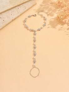 1 pieza Elegante y versátil pulsera de cadena con flores y perlas falsas hecha a mano, joyería encantadora para que las mujeres usen a diario y en fiestas - Plateado - Ver 2