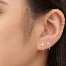 1 Paar 925 Sterling Silber minimalistische kleine Creolen, elegante offene C-förmige Pentagramm Ohrringe für den täglichen Gebrauch - Silber - Übersicht 3