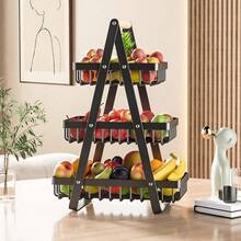 Luminpool 2 & 3 Tier Fruit Basket,Vegetable Rack,Bread Basket With Wooden Handle, Multifunctional Storage Rack, For Kitchens Home,Office - Negro de 3 niveles - Ver 6