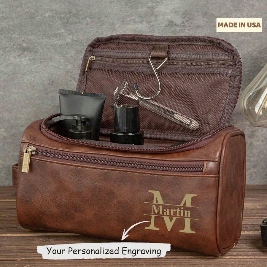 Personalized Men's Leather Toiletry Bag, Groomsmen Gifts, Engraved Dopp Kit, Gift For Him, Travel Toiletry Bag, Men's Leather Accessory Men's Toiletry Bag, Leather Toiletry Bag, Groomsmen Dopp Kit, Dopp Kit, Anniversary Gift, Wash Bag, Personalized Gift, Leather Accessory, Gift For Men, Multifunction, Versatile, Large Capacity, Lightweight, Functional - Multicolor - View 1