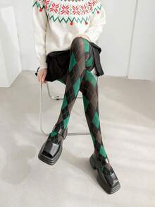 Plaid Floral Striped Blue & Green Velvet Tights, Diamond Pattern Nylon Cartoon Plaid Tights, High Stretch Breathable Comfortable Slimming Yoga Tights For Women, Cozy - 墨綠色 - 查看 1