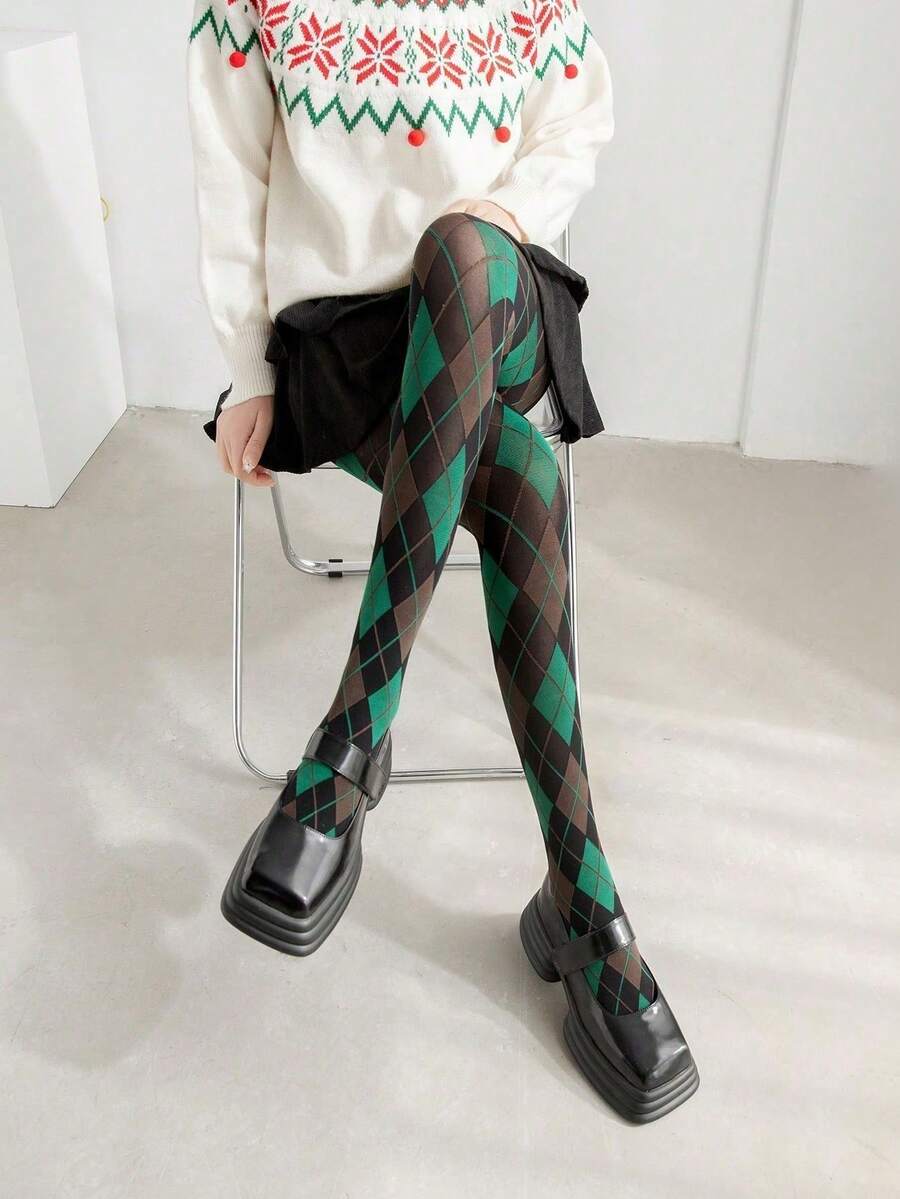 Plaid Floral Striped Blue & Green Velvet Tights, Diamond Pattern Nylon Cartoon Plaid Tights, High Stretch Breathable Comfortable Slimming Yoga Tights For Women, Cozy - 墨綠色 - 查看 1