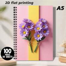 1 Cuaderno de espiral con rayas, tamaño A5, con patrón de crisantemo morado romántico, cubierta con fondo a rayas rosa y amarillo, dos decoraciones de crisantemo morado realistas, fresco y elegante, que mejora la atmósfera poética para la escritura diaria y el registro de inspiración - E - Ver 1