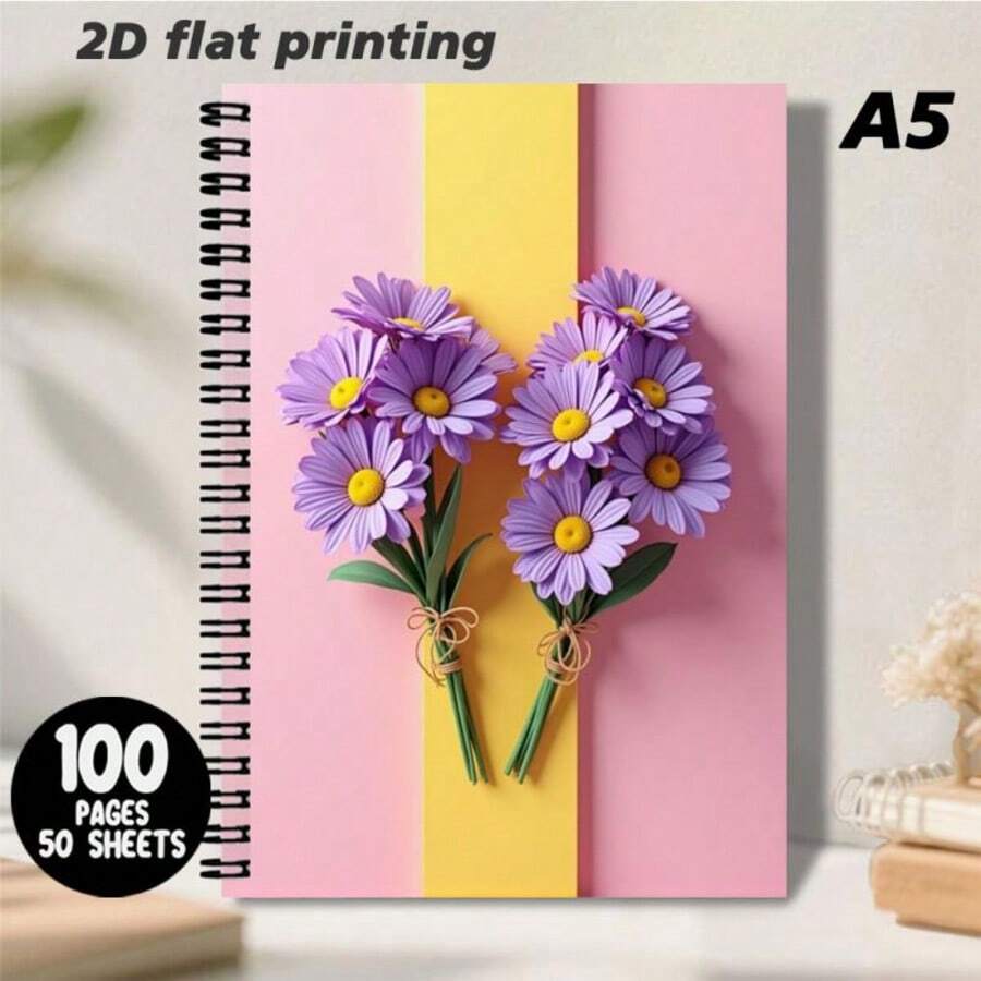 1 Cuaderno de espiral con rayas, tamaño A5, con patrón de crisantemo morado romántico, cubierta con fondo a rayas rosa y amarillo, dos decoraciones de crisantemo morado realistas, fresco y elegante, que mejora la atmósfera poética para la escritura diaria y el registro de inspiración - E - Ver 1