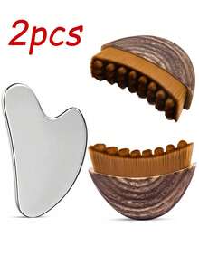 2pcs Facial Care Massage Set - Lymphatic Contour Face Brush, Stainless Steel Heart-Shaped Gua Sha Board, Dry Face Brush, Face, Chin And Jawline Lymphatic Drainage Massager, Stainless Steel Gua Sha Tool - Multicolor - View 1
