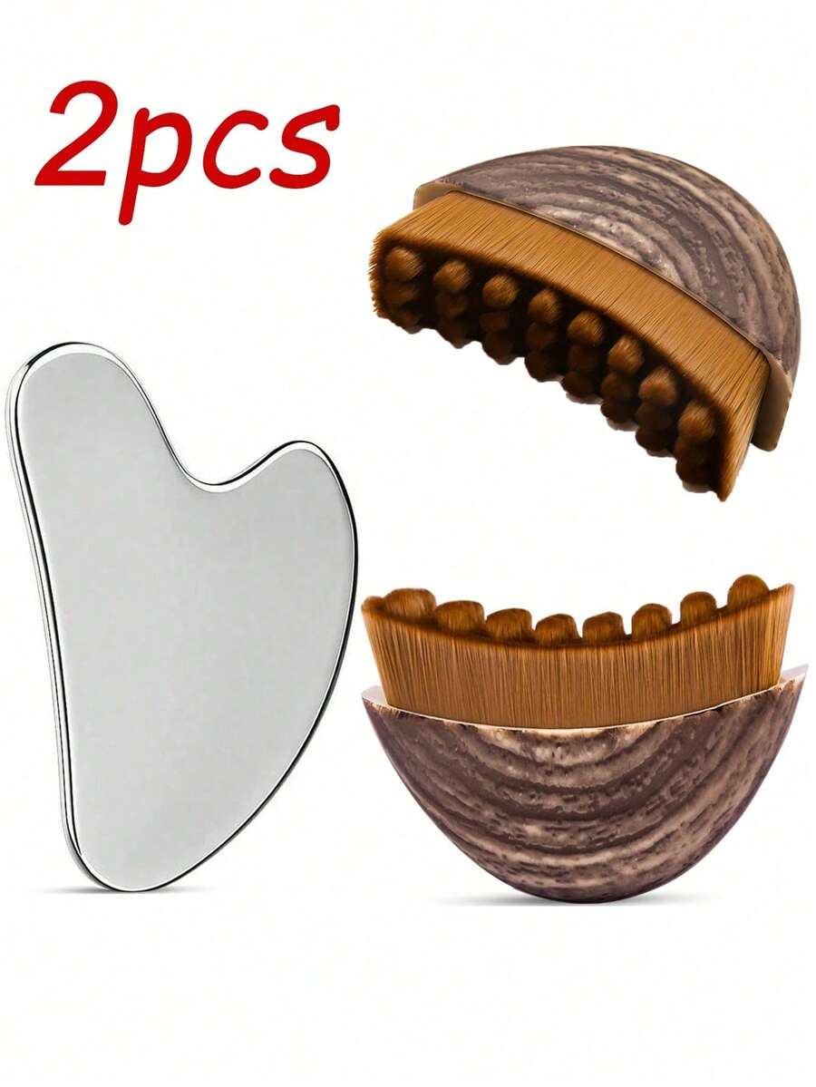 2pcs Facial Care Massage Set - Lymphatic Contour Face Brush, Stainless Steel Heart-Shaped Gua Sha Board, Dry Face Brush, Face, Chin And Jawline Lymphatic Drainage Massager, Stainless Steel Gua Sha Tool - Multicolor - View 1
