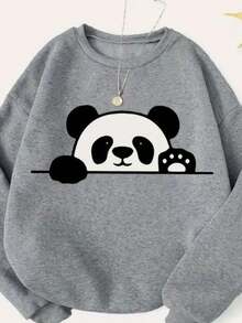 Moletom gola careca feminino panda estampa casual delicada para todas as estações modelo casual blogueira lançamento mais barato - Cinza - Visão 1