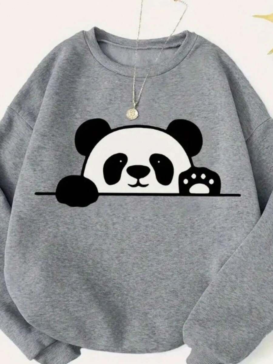 Moletom gola careca feminino panda estampa casual delicada para todas as estações modelo casual blogueira lançamento mais barato - Cinza - Visão 1