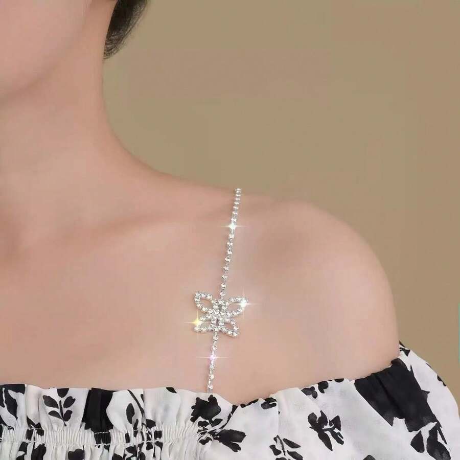 3pairs Elegant Minimalist Butterfly Body Chain, Stylish And Sexy Invisible Off-The-Shoulder Strap Jewelry, Adjustable Rhinestone Shoulder Chain Accessories Halloween - Shoulder Strap - View 1