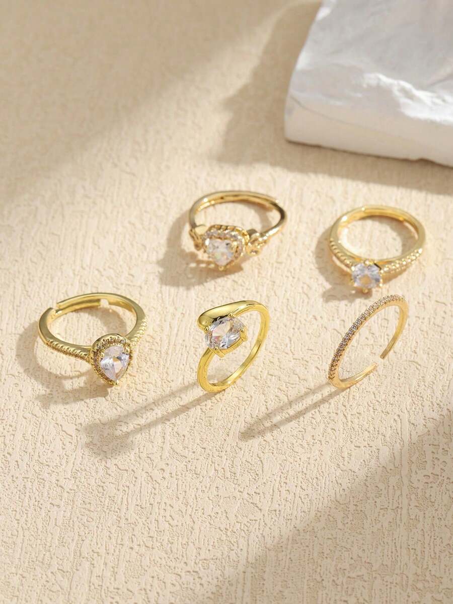 5件套铜合金立方氧化锆心形和水滴形简约个性化开口戒指套装，奢华精致设计，适合女性日常、节日、派对佩戴 - 戒指五件套D款 - 查看 1