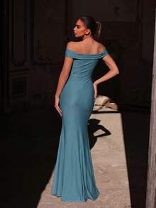 Faeriesty 女士优雅露肩荷叶边长款派对连衣裙，适合浪漫约会、优雅晚宴、时尚摄影、艺术活动和时尚晚宴婚礼等场合。 - 水鴨藍 - 查看 6