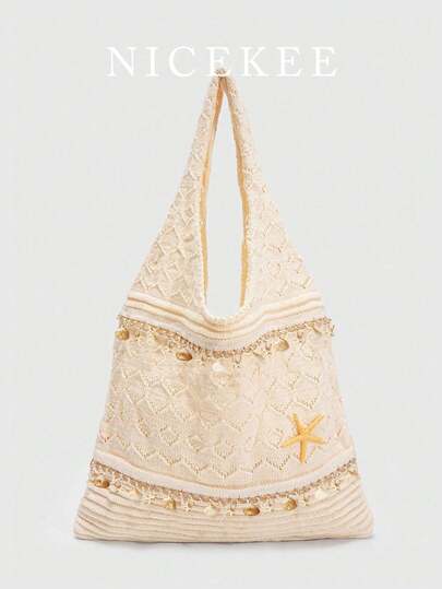 Túi đeo vai cỡ lớn, kiểu dáng tối giản, phong cách nghỉ dưỡng, thiết kế độc đáo với họa tiết vỏ sò và sao biển, túi đa năng đựng đồ dưới cánh tay, túi đan móc tinh tế, thời trang dành cho nữ, thích hợp cho kỳ nghỉ, tiệc tùng, chụp ảnh trên bãi biển và các dịp khác.