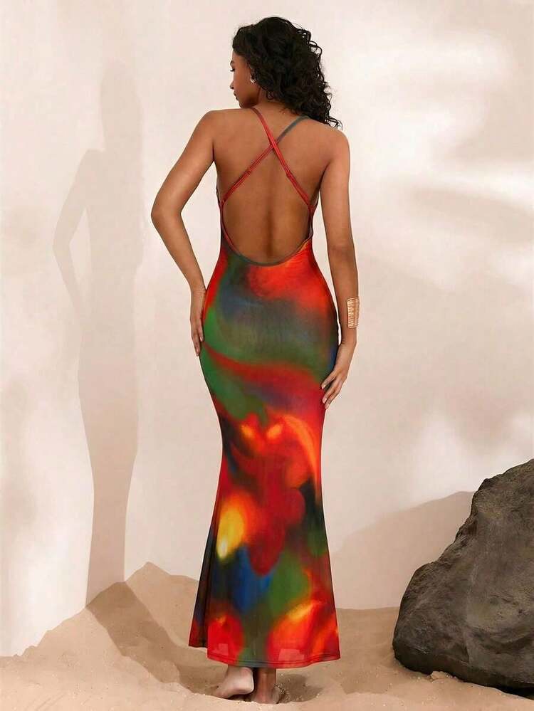 Opulessa Lace Elegant Sexy Black Base Red Lily Flower Pattern Print Knit  Mesh V-Neck Backless Fitted Dress For Women,Suitable For Going Out,  Concert, Party, Club Outfits, Date, Night Out,Vacation ,Beach  Outfits,Garden Wedding