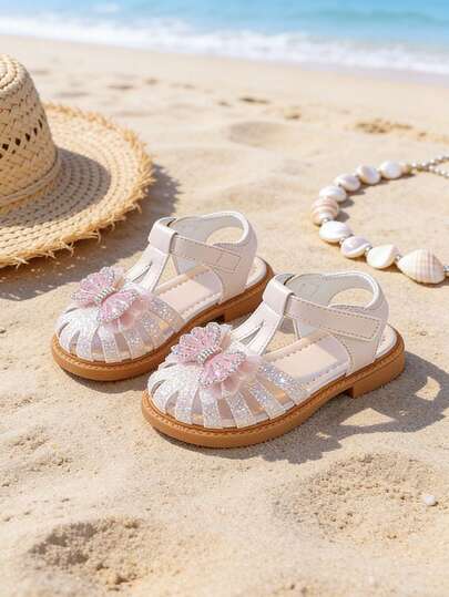 1 par de sandalias planas de dedo hueco de moda para niñas, diseño de mariposa morada soñadora con diamante de imitación, cierre de gancho y bucle, suela antideslizante y duradera, adecuado para uso diario de verano