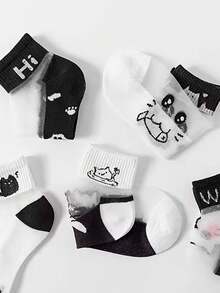 5 Pairs Women's Glass Silk Short Socks, Lightweight Crystal Silk Casual Socks For Summer, Breathable Black & White Cat Pattern Low-Cut Socks, Transparent Odor-Resistant Thin Mesh Ankle Socks For Girls - Multicolor - View 8