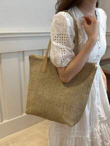 Túi tote bằng rơm dung tích lớn dành cho nữ, túi xách đeo vai mùa hè mới, túi đi biển dệt. - Màu Khaki - Xem 3