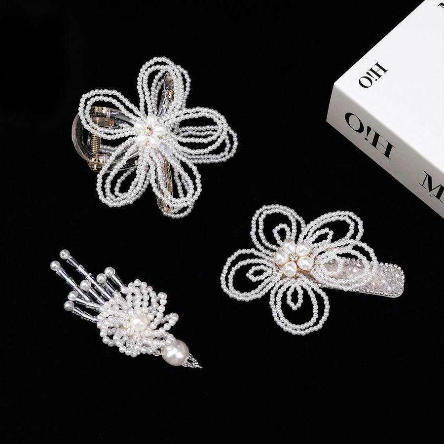 1 st vårlikt sött elegant pärlhårspänne med pärlor och blommor, ihålig design med strass och halkfri hårnålsdekoration för sidan, lämplig för bröllop, fest, semester, vardagskläder
