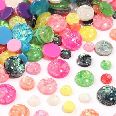 50个/包 树脂金箔混色戒指底座，6/8/10/12毫米彩色平底水钻半圆珠，适用于戒指、吊坠、DIY发饰、耳环