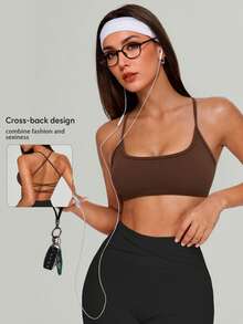 Sujetador deportivo para mujer con tirantes, resistente a los golpes, para entrenamiento atlético, actividad física, gimnasio, yoga, con almohadillas en el pecho, apto para todas las estaciones - Café integral - Ver 2