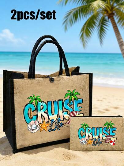 2pcs/Set Cruise Themed Linen Tote Bag And Stroge Bag,With "Cruise Life"Coconut Trees, Shells, Dolphins, Starfish, Cruise Life Print,Handbag And Cosmetic Bags,Lightweight Foldable Storage Bag, Beach Essentials, Summer Women Bag,Large Capacity Linen Shopping Bag