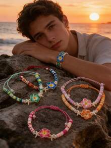 3pcs Bohemian Summer Vacation Style Soft Clay Flower Shell Braided Bracelet - Fresh Multicolor Soft Clay Flower Adjustable 2-In-1 Bracelet And Anklet, Decorated With Imitation Pearls, Suitable For Occasions Like Valentine's Day, Mother's Day, Beach Vacation, Flower Shell Bracelet, Daily Gift - Multicolor - View 6