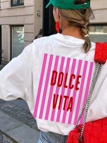 1件女士夏季圆领短袖T恤，竖条纹“DOLCE VITA”印花，休闲白色 - 白色 - 查看 5