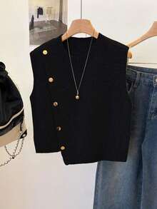 1pc Solid Color Short Round Neck Asymmetrical Button Accessory Design Fashion Sleeveless Sweater Vest, Versatile Knit Waistcoat Summer - 黑色 - 查看 2