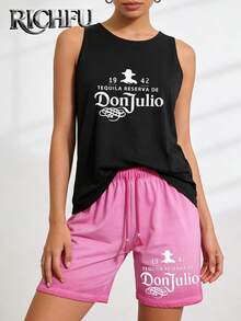 Von Dutch,Casual Two Piece Set,Women's Breathable & Comfortable Casual Set,Crew-Neck Pure Cotton Tank Top And Washed Shorts (With Pockets) - Versatile Wardrobe Essential - Đen + Hồng - Xem 2